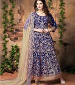 Navy blue embroidered art silk semi stitched salwar with dupatta