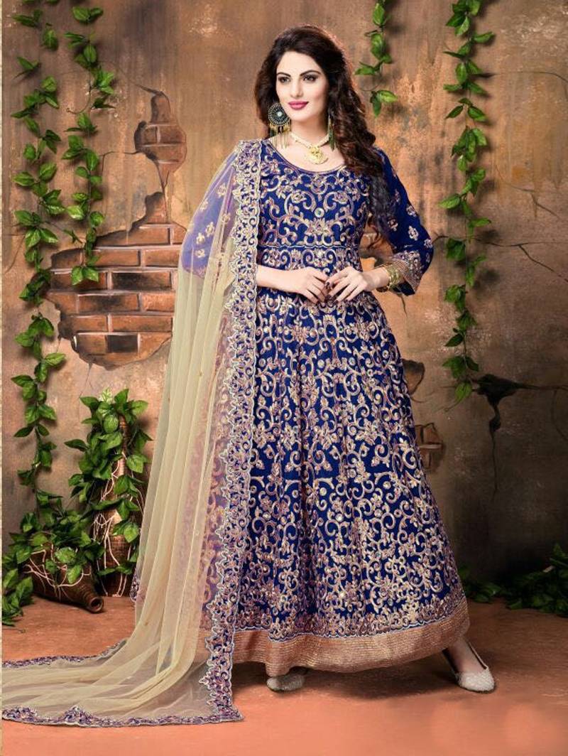 Navy blue embroidered art silk semi stitched salwar with dupatta