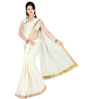 Off White Plain Cotton Saree With Blouse 1