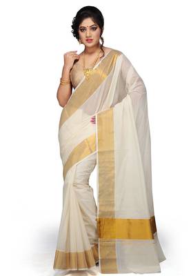 Off White Plain Cotton Saree With Blouse 1