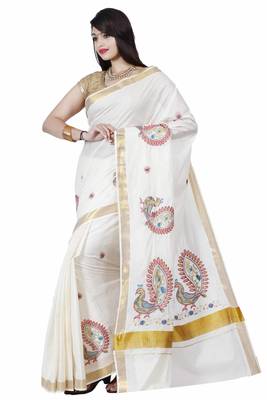 Off White Embroidered Cotton Saree With Blouse 1