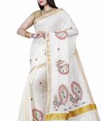 Off White Embroidered Cotton Saree With Blouse