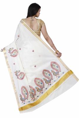Off White Embroidered Cotton Saree With Blouse 2