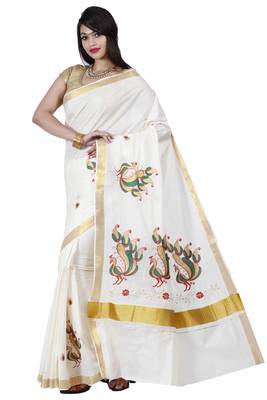 Off White Embroidered Cotton Saree With Blouse 1