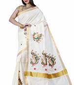Off White Embroidered Cotton Saree With Blouse