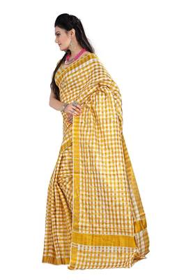 Cream Plain Cotton Saree With Blouse 1