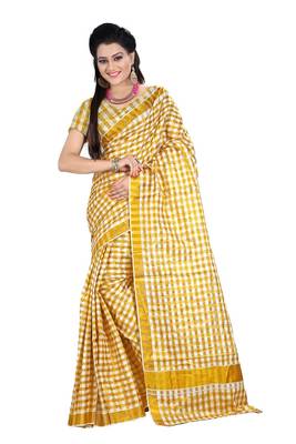 Cream Plain Cotton Saree With Blouse 2