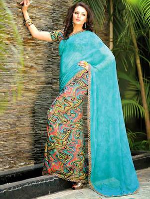 Blue printed georgette saree with blouse 1