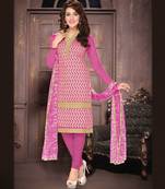 pink embroidered chanderi unstitched salwar with dupatta