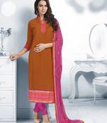 orange printed cotton unstitched salwar with dupatta