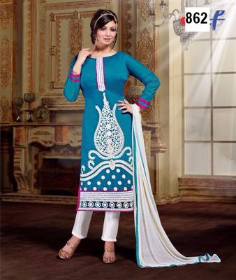 blue embroidered chanderi semi stitched salwar with dupatta 1