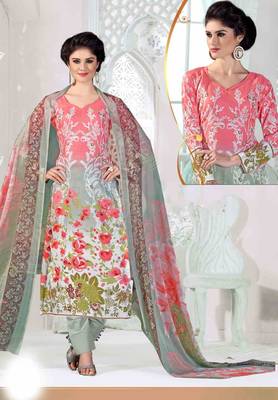 red printed satin semi stitched salwar with dupatta 1