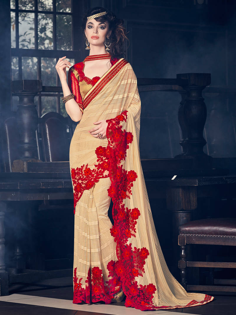 Light brown fancy floral border design georgette and c/n paper silk saree with blouse