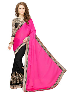 Pink embroidered satin saree with blouse 1