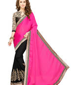 Pink embroidered satin saree with blouse