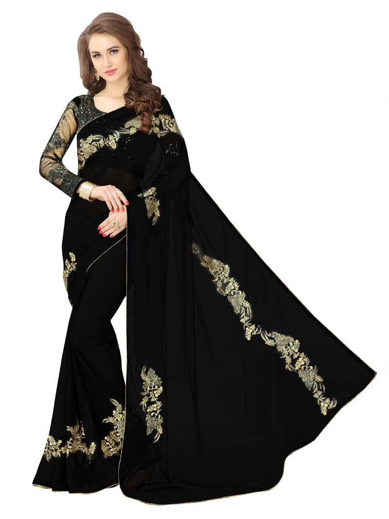 Black embroidered georgette saree with blouse