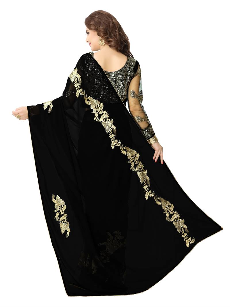 Black embroidered georgette saree with blouse