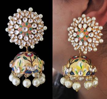 Ahmedabadi Kundan And Hand Painted Meenakari Jhumka Online Ahmedabadi Kundan And Hand Painted Meenakari Jhumka