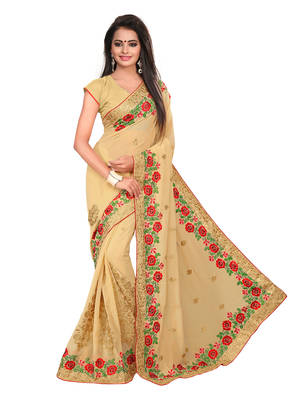 Beige plain georgette saree with blouse 1