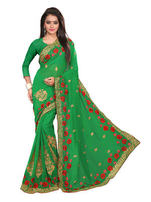 Green plain georgette saree with blouse 1