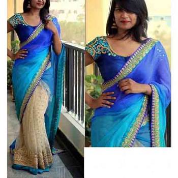 Dark sky blue embroidered net saree with blouse 1