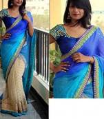 Dark sky blue embroidered net saree with blouse