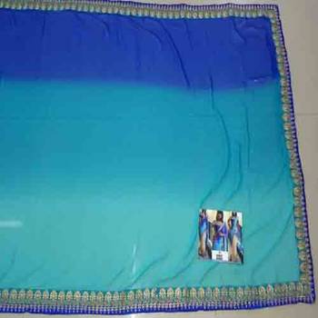 Dark sky blue embroidered net saree with blouse 2