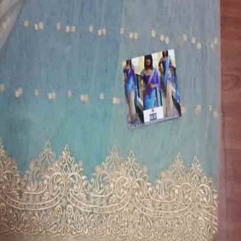 Dark sky blue embroidered net saree with blouse 3
