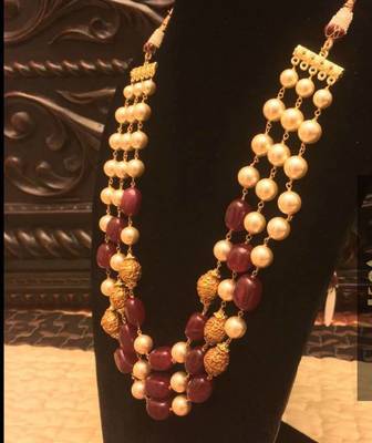 Designer 3 Line Ruby Nd Golden Beads Necklace 1