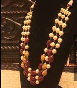 Designer 3 Line Ruby Nd Golden Beads Necklace