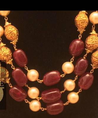 Designer 3 Line Ruby Nd Golden Beads Necklace 2