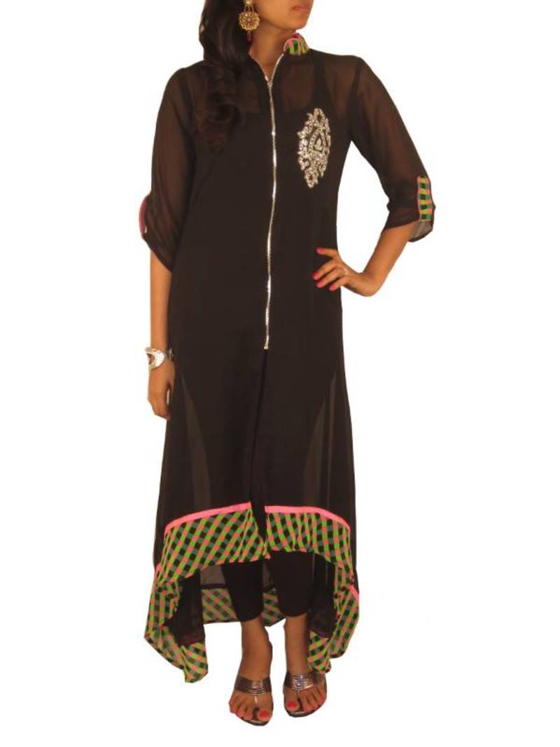 Black Georgette High Low Tunic set with Chex Patterned Hemline and