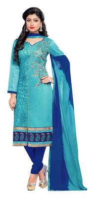  Sky Blue embroidered chanderi unstitched salwar Suit with dupatta  1