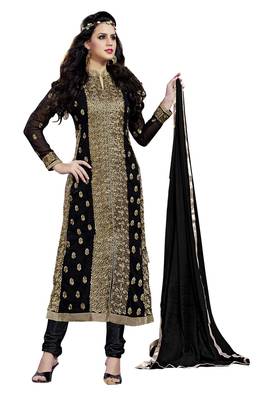  Women Black embroidered georgette unstitched kameez suit with Inner  1