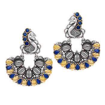 Oxidised Gold & Silver Plated Blue Colored Glass Stone Peacock Style Hoop Earrnigs 1