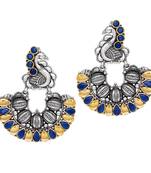 Oxidised Gold & Silver Plated Blue Colored Glass Stone Peacock Style Hoop Earrnigs