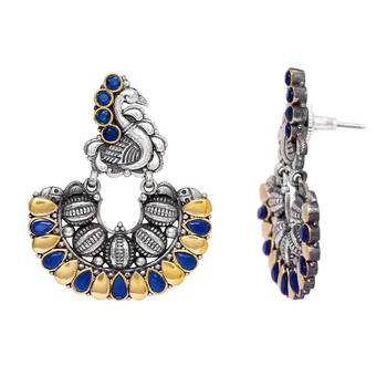 Oxidised Gold & Silver Plated Blue Colored Glass Stone Peacock Style Hoop Earrnigs 2
