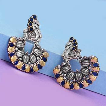 Oxidised Gold & Silver Plated Blue Colored Glass Stone Peacock Style Hoop Earrnigs 4