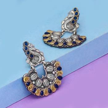 Oxidised Gold & Silver Plated Blue Colored Glass Stone Peacock Style Hoop Earrnigs 5
