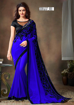 Blue embroidered georgette saree with blouse 1