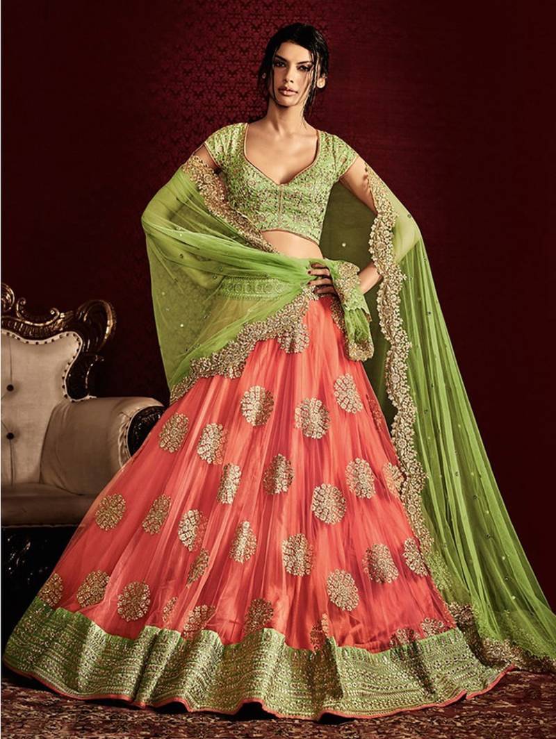 Orange embroidered net unstitched lehenga