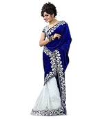 Blue embroidered velvet saree with blouse
