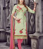 Blissta Light Green Cotton Embroidered Straight Suit Dress Material