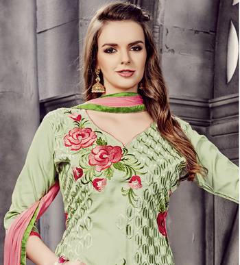 Blissta Light Green Cotton Embroidered Straight Suit Dress Material 3