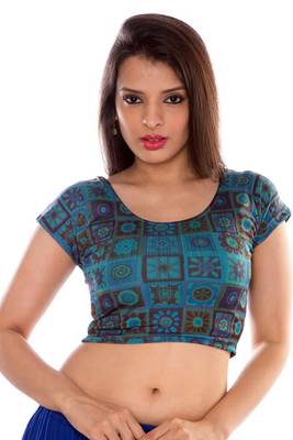Turquoise printed lycra fabric stitched blouse 1