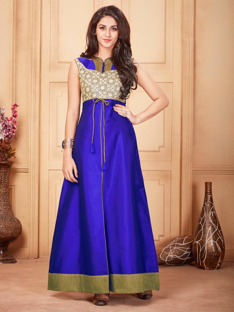 Royal blue embroidered silk party-wear-kurtis