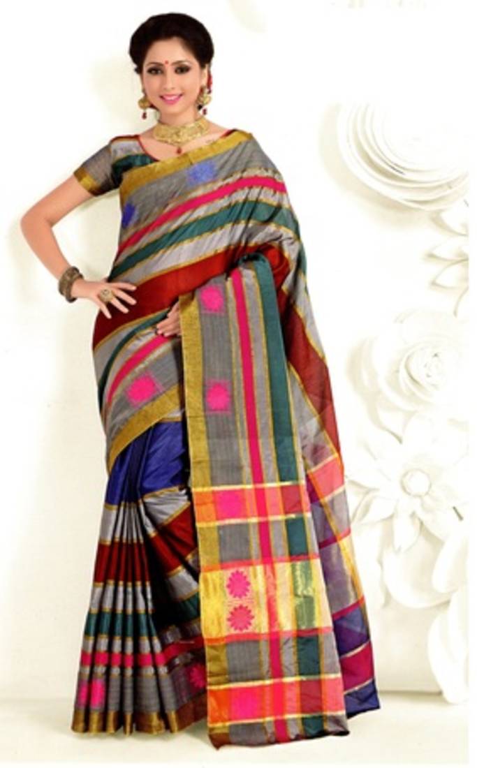 grey woven cotton silk saree with blouse