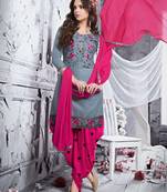 Grey embroidered cotton semi stitched patiala suit with dupatta