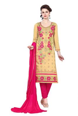  Women Yellow embroidered cotton poly unstitched salwar with dupatta  1