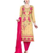  Women Yellow embroidered cotton poly unstitched salwar with dupatta 